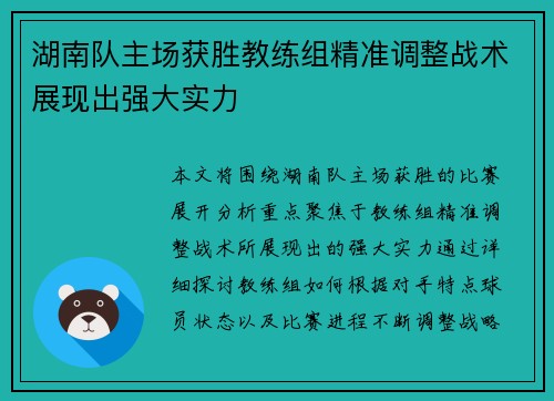 湖南队主场获胜教练组精准调整战术展现出强大实力