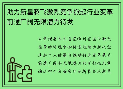 助力新星腾飞激烈竞争掀起行业变革前途广阔无限潜力待发