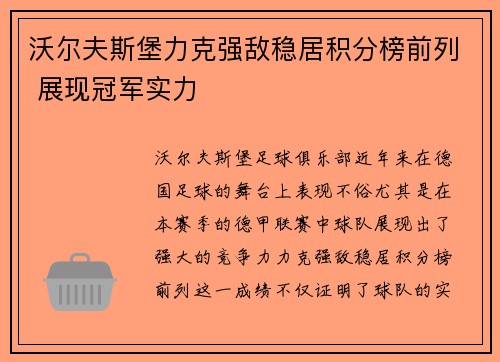 沃尔夫斯堡力克强敌稳居积分榜前列 展现冠军实力