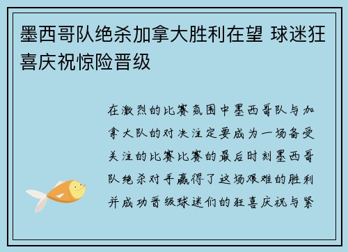 墨西哥队绝杀加拿大胜利在望 球迷狂喜庆祝惊险晋级